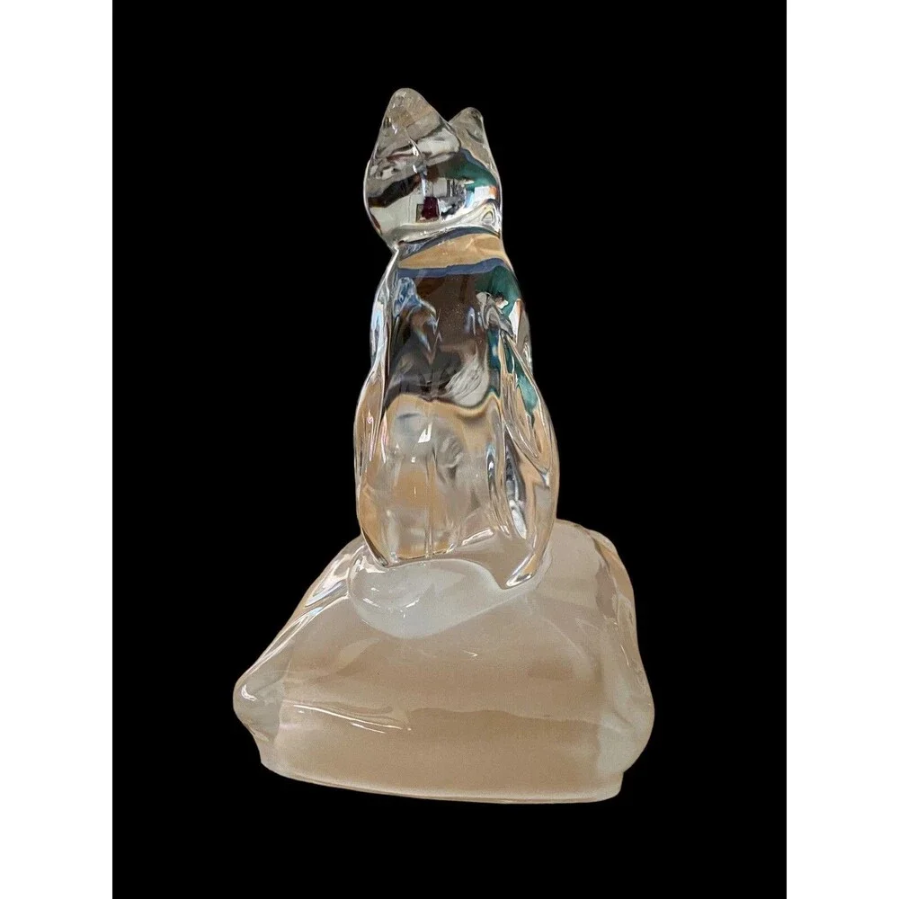 Art Glass Cat Figurine Paperweight Sitting On A Frosted Glass Pillow 5" Clear - Picture 5 of 5